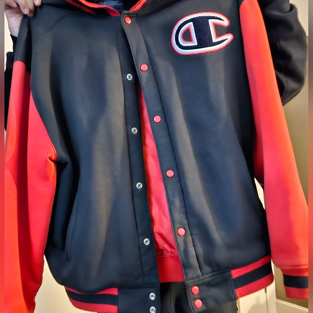 Champion Two-Tone Varsity Bomber Jacket in Black and Red